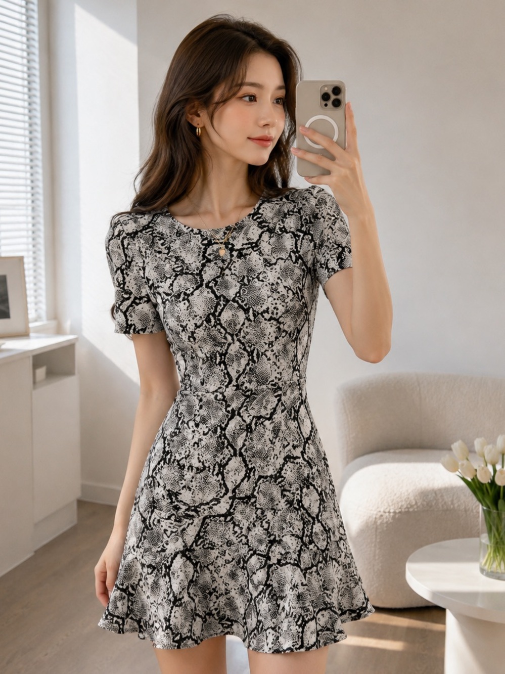 Express Black & White Snake Print Fit & Flare Dress